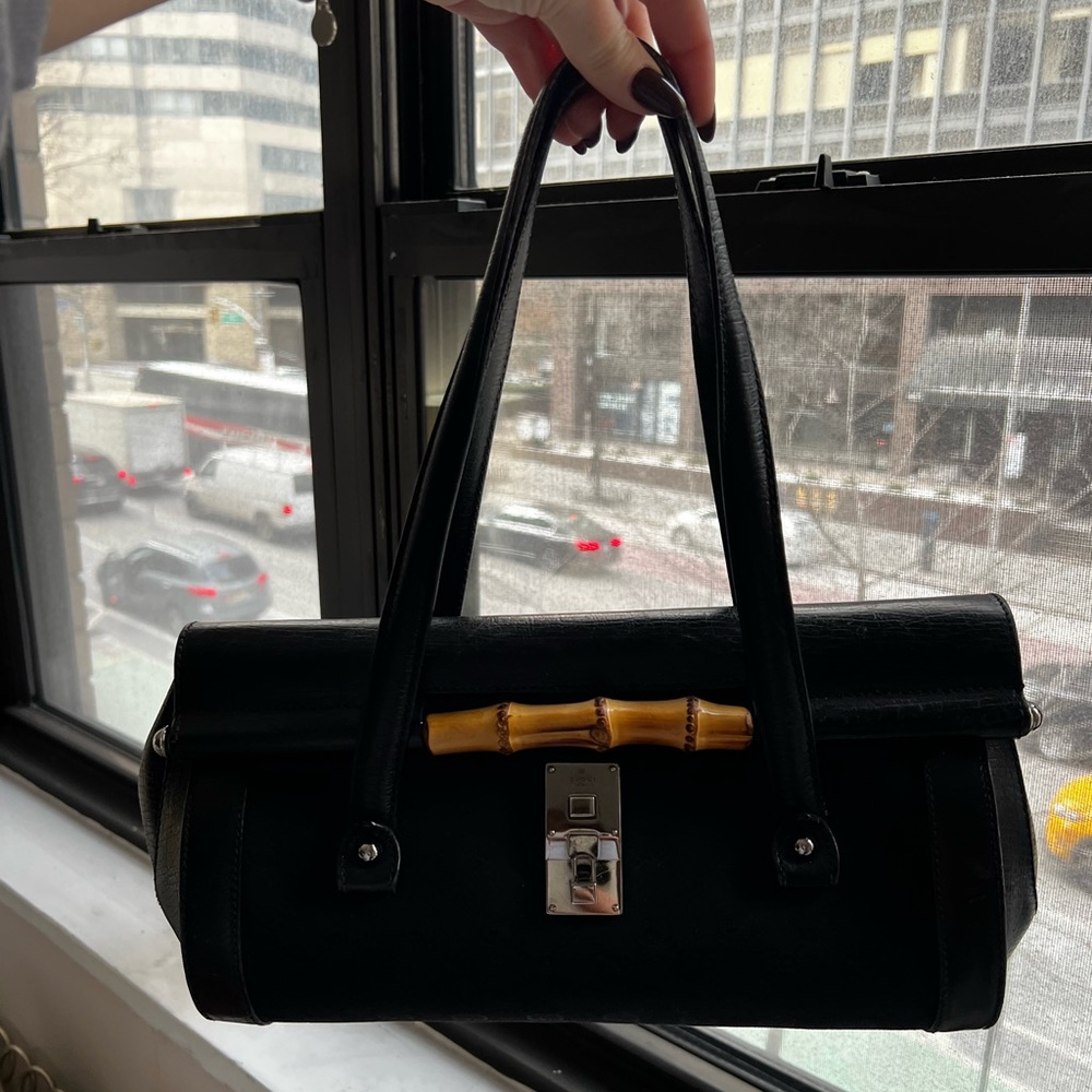 GUCCI Bamboo Bullet Bag - Black Canvas and Leather w/ Silver-tone Hardware